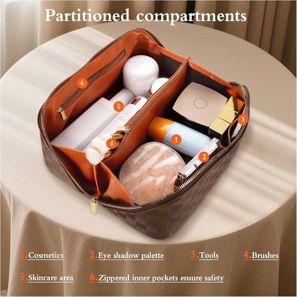 Women Brown Cosmetic Bags Travel Essentials Waterproof Portable Pouch Makeup Bag - Picture 5 of 9